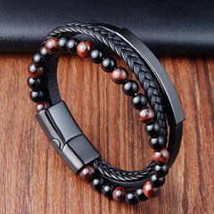 Hot Fashion Beads Leather Bracelet Men Classic Tiger Eye Beaded Multi Layer Leather Bracelet For Men Jewelry 2023 Gift