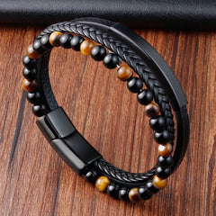 Hot Fashion Beads Leather Bracelet Men Classic Tiger Eye Beaded Multi Layer Leather Bracelet For Men Jewelry 2023 Gift