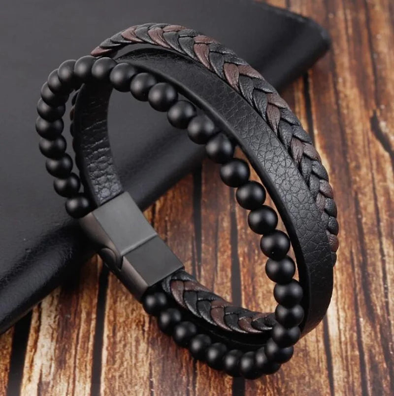 Hot Fashion Beads Leather Bracelet Men Classic Tiger Eye Beaded Multi Layer Leather Bracelet For Men Jewelry 2023 Gift